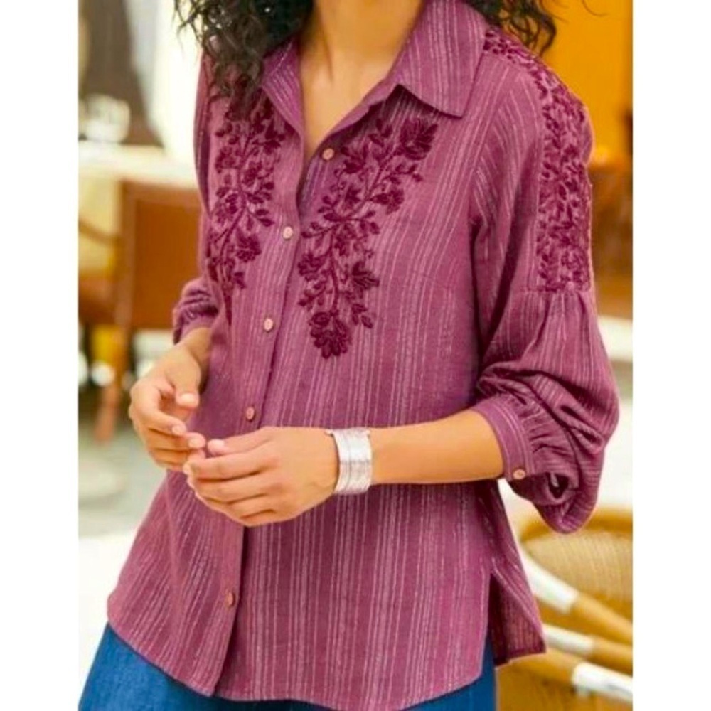 Soft Surroundings Peralta Plum Embroidered Metallic Tinsel Button Down Blouse M